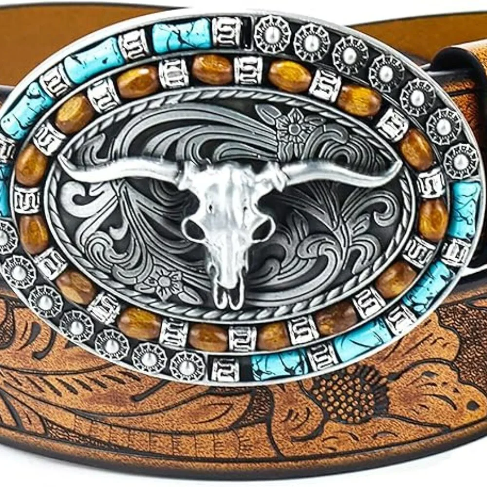 Women Western Cowgirl Belt Bull Turquoise Embossed Buckle for 31
